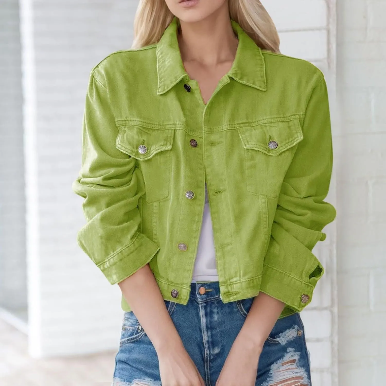 2023 Women Denim Jackets Oversize Long Sleeve Basic Button Down Jean Jacket with Pockets Fashion Trendy Petite Cropped Coats