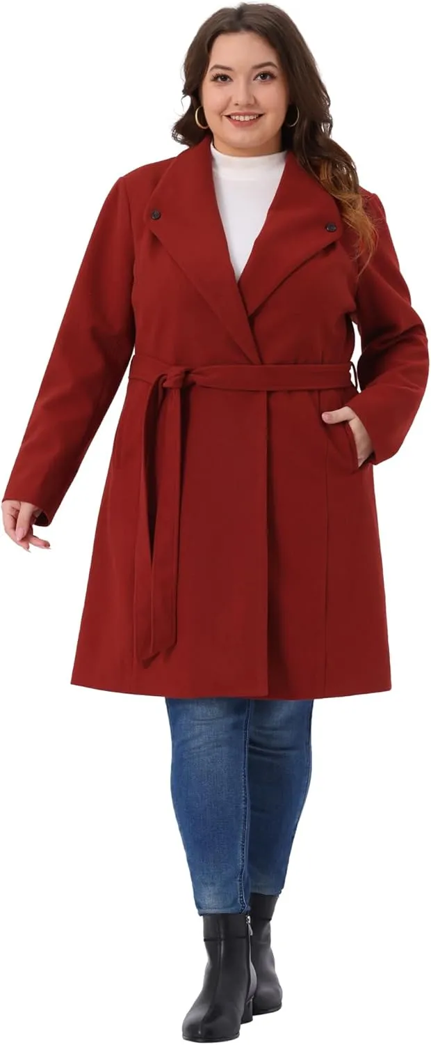 Agnes Orinda Plus Size Winter Coats for Women Lapel Single Breasted Belted with Pocket Pea Coats Trench Coats