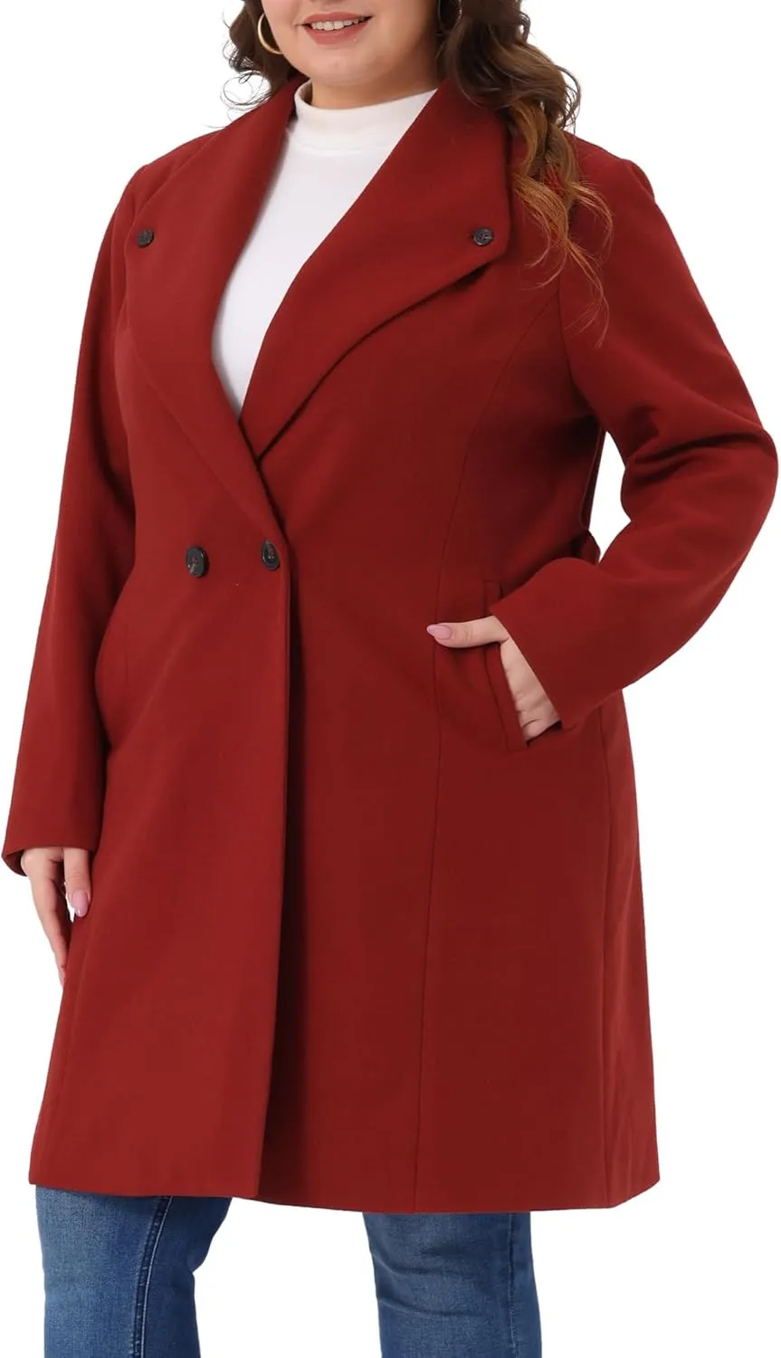 Agnes Orinda Plus Size Winter Coats for Women Lapel Single Breasted Belted with Pocket Pea Coats Trench Coats