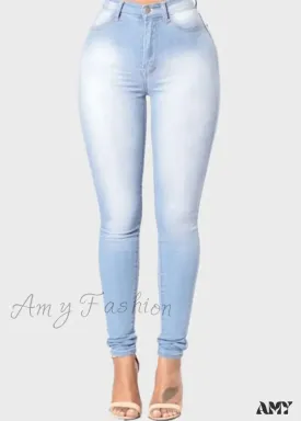 Amy Fashion - Blue Women High Waist Slim Fit Denim Pencil Pants Vintage Bootcut Pull-on Skinny Jean