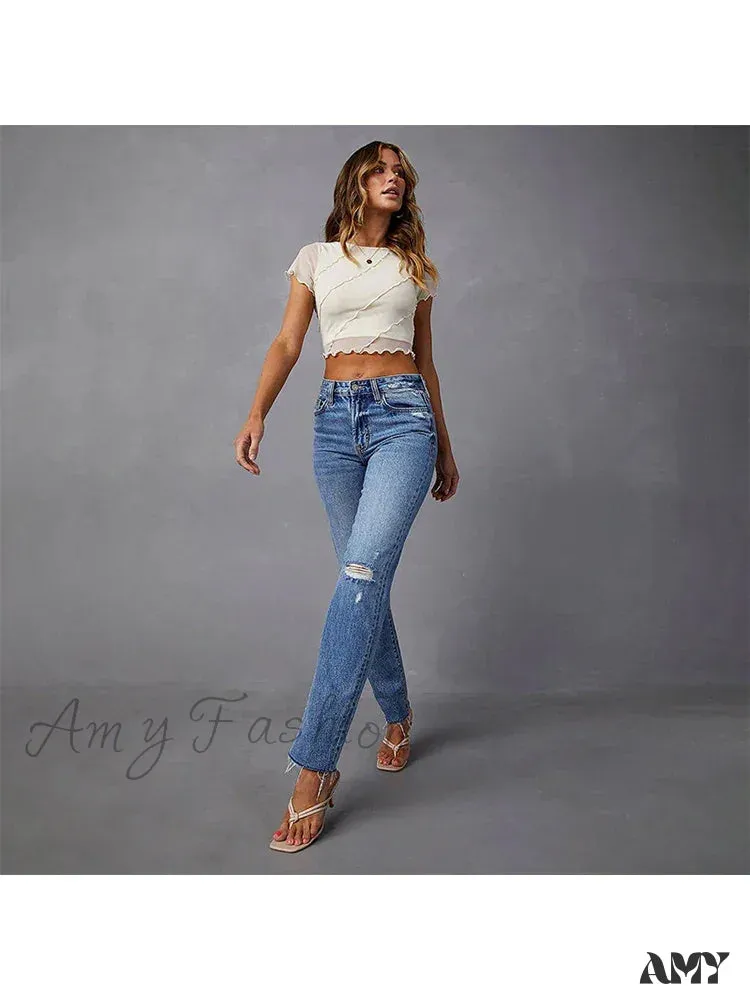 Amy Fashion - Stretch Blue High Waist Ripped Casual Fashion Streetwear Denim Jean