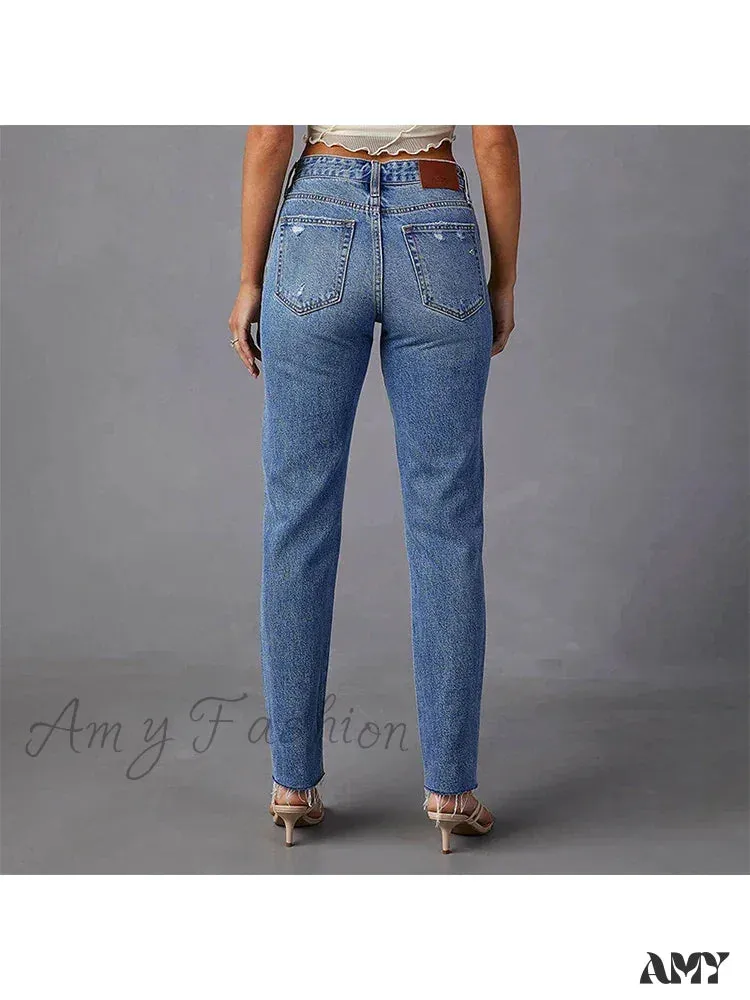 Amy Fashion - Stretch Blue High Waist Ripped Casual Fashion Streetwear Denim Jean