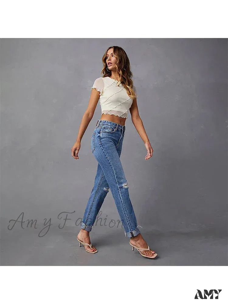 Amy Fashion - Stretch Blue High Waist Ripped Casual Fashion Streetwear Denim Jean