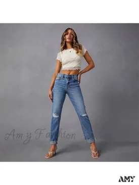 Amy Fashion - Stretch Blue High Waist Ripped Casual Fashion Streetwear Denim Jean