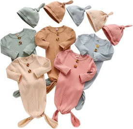 BASKOPA Baby Knotted Sleeper Gown Unisex Boys Girls Sleepsuits with Mitten Cuffs and Matching Hat Baby Coming Home Outfit