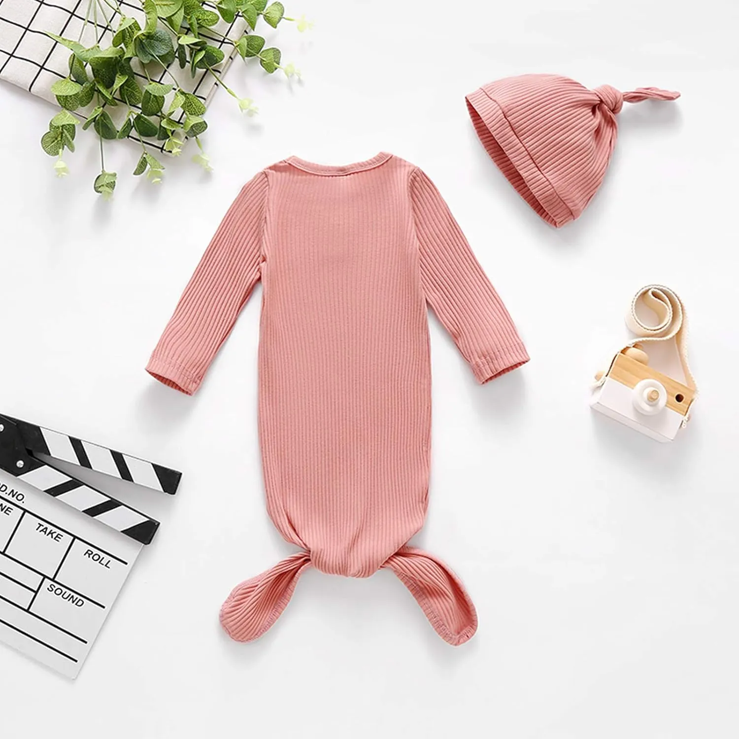 BASKOPA Baby Knotted Sleeper Gown Unisex Boys Girls Sleepsuits with Mitten Cuffs and Matching Hat Baby Coming Home Outfit