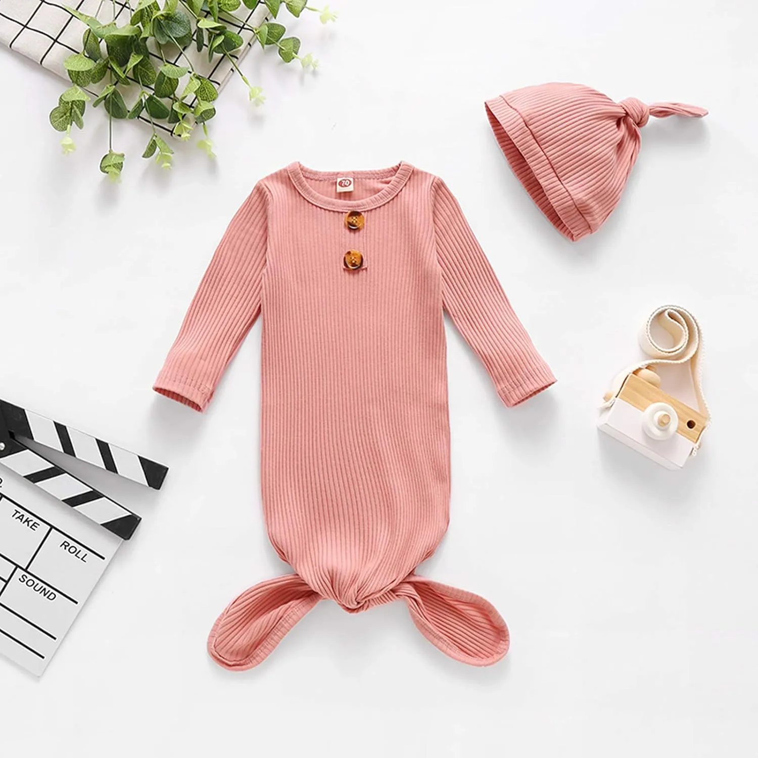 BASKOPA Baby Knotted Sleeper Gown Unisex Boys Girls Sleepsuits with Mitten Cuffs and Matching Hat Baby Coming Home Outfit