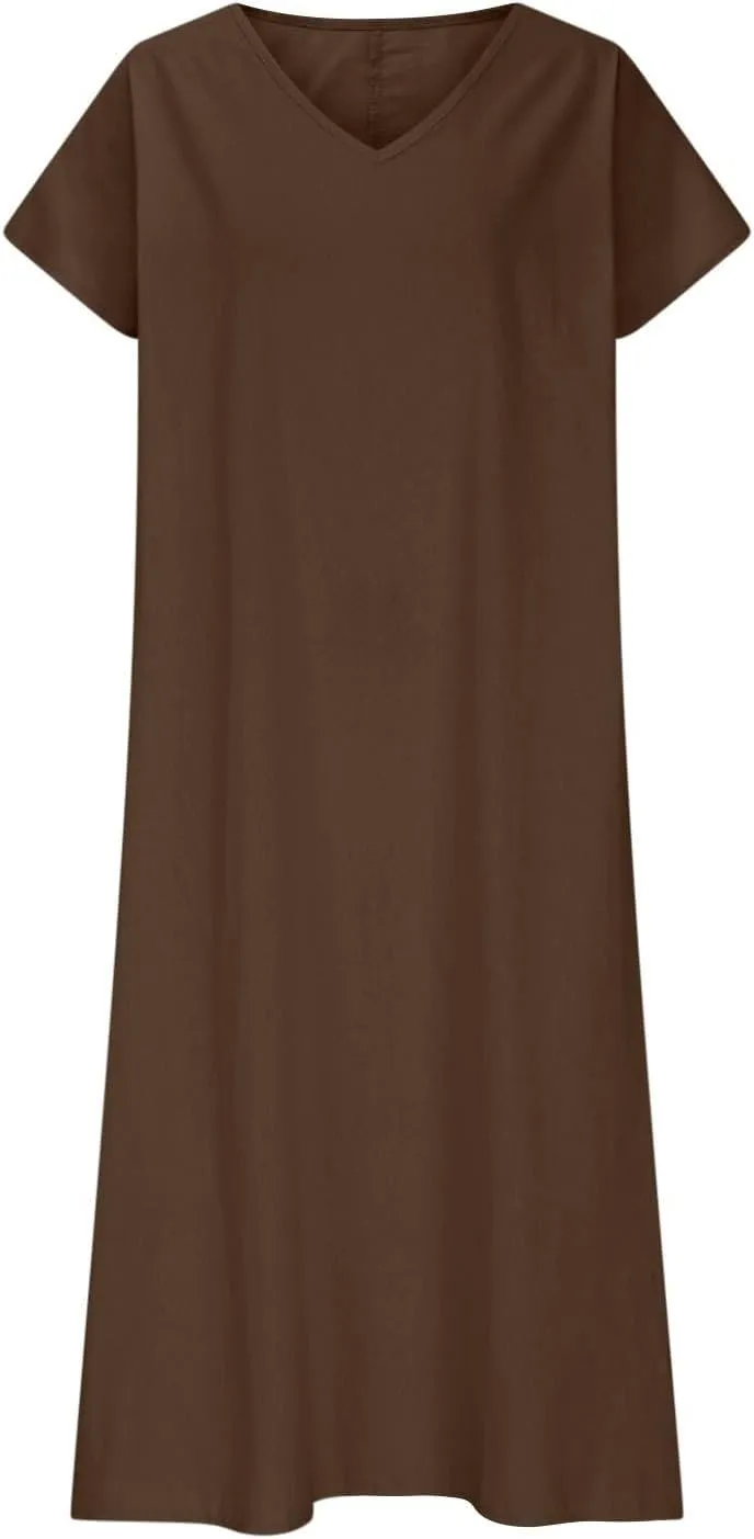 Beach Dresses for Women 2025 Vacation Flowy Short Sleeve V-Neck Summer Cotton Linen Casual Cruise Maxi Sundress