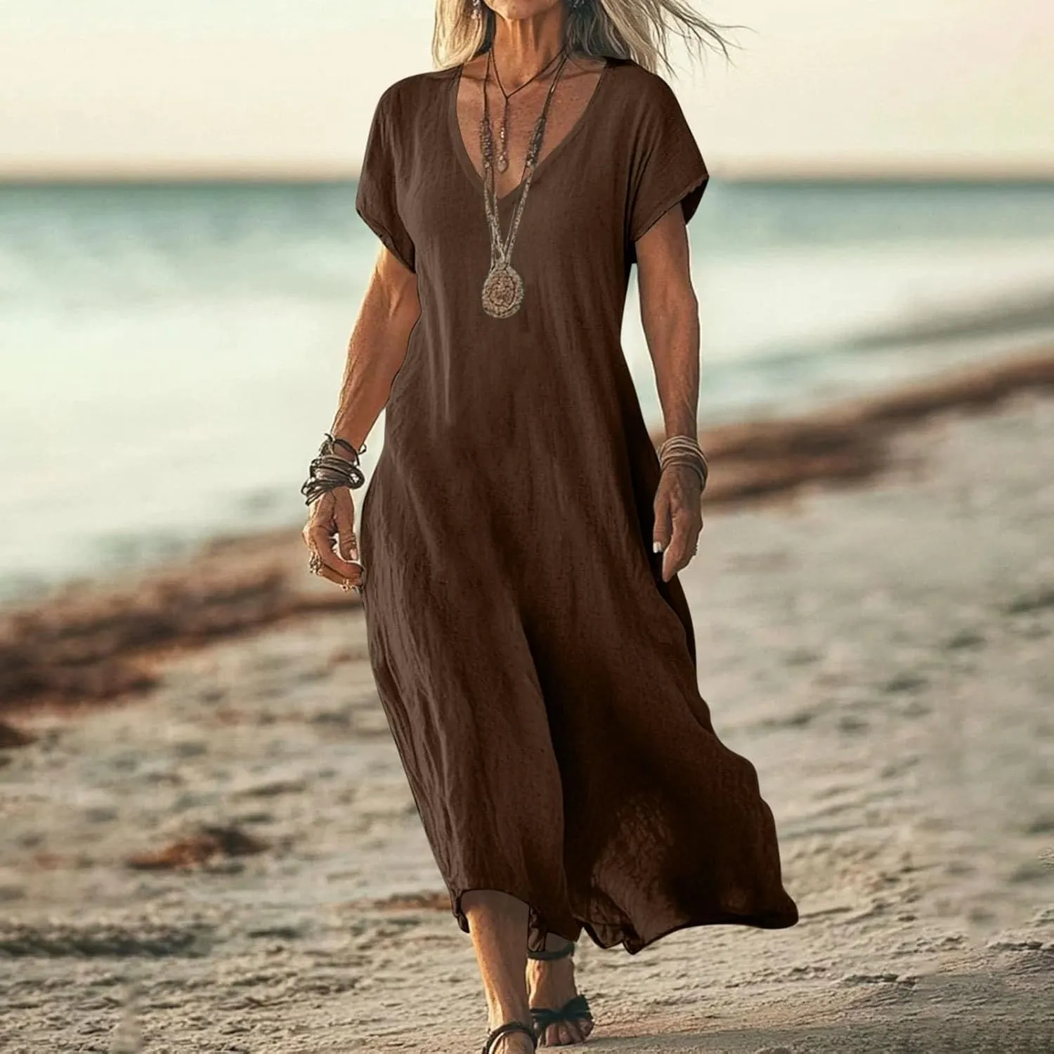 Beach Dresses for Women 2025 Vacation Flowy Short Sleeve V-Neck Summer Cotton Linen Casual Cruise Maxi Sundress