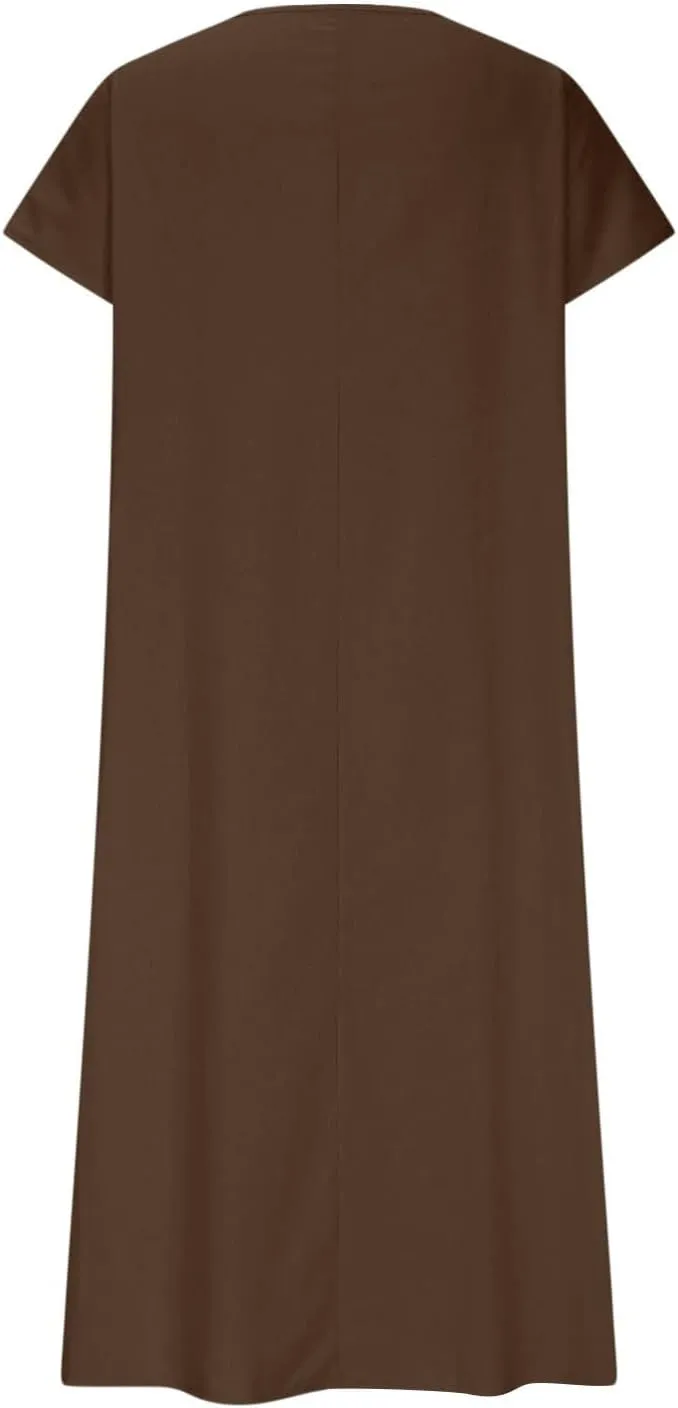 Beach Dresses for Women 2025 Vacation Flowy Short Sleeve V-Neck Summer Cotton Linen Casual Cruise Maxi Sundress