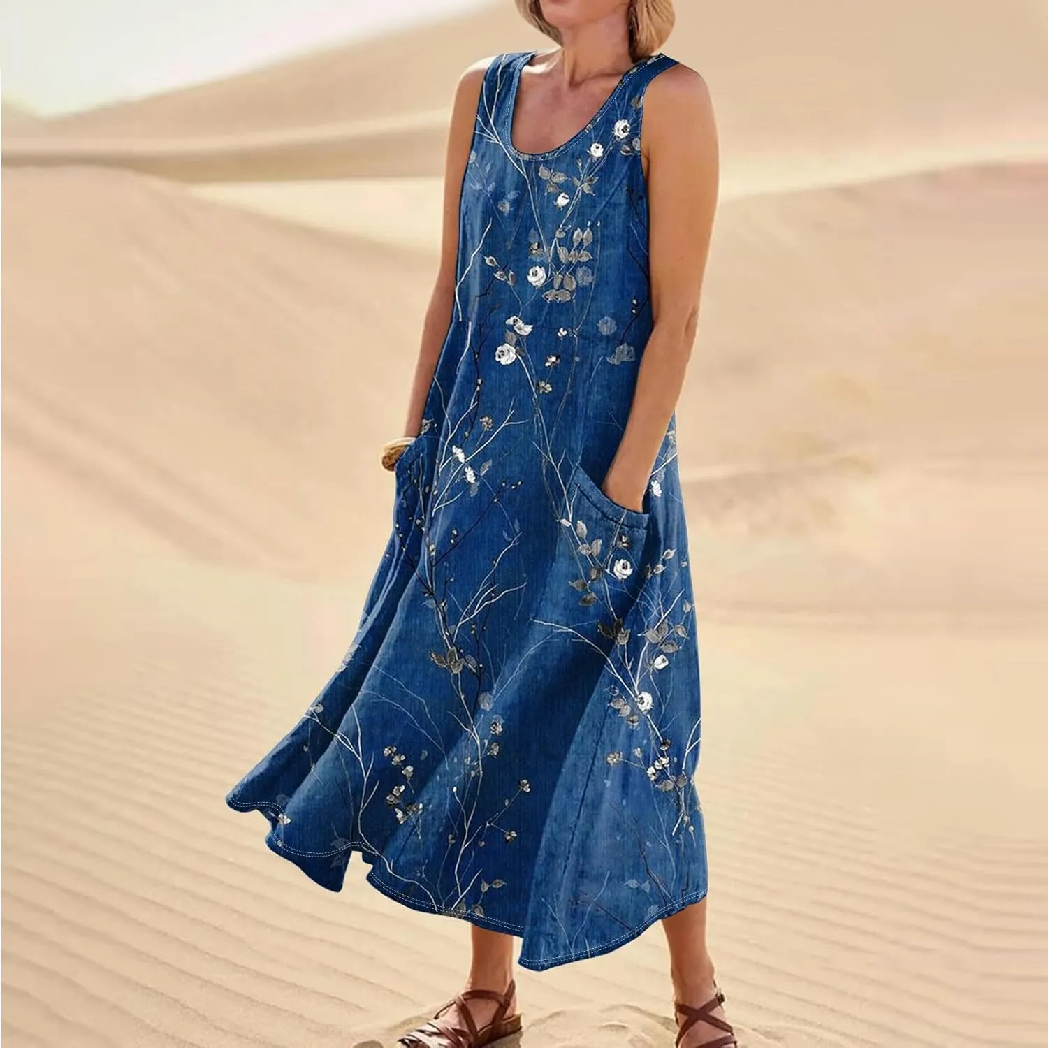 Beach Vacation Clothes for Women Casual Summer 2025 Sleeveless Flared Maxi Dress Low Neck Sundresses with Pockets