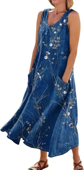 Beach Vacation Clothes for Women Casual Summer 2025 Sleeveless Flared Maxi Dress Low Neck Sundresses with Pockets