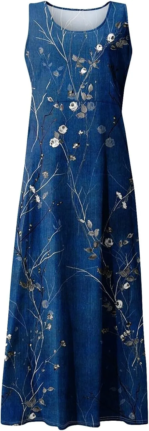 Beach Vacation Clothes for Women Casual Summer 2025 Sleeveless Flared Maxi Dress Low Neck Sundresses with Pockets