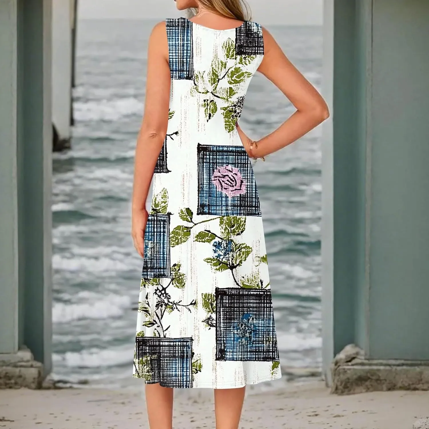 Beach Vacation Clothes for Women Summer Spring Dresses 2025 Sleeveless Midi Dress Crewneck Printed Sundress