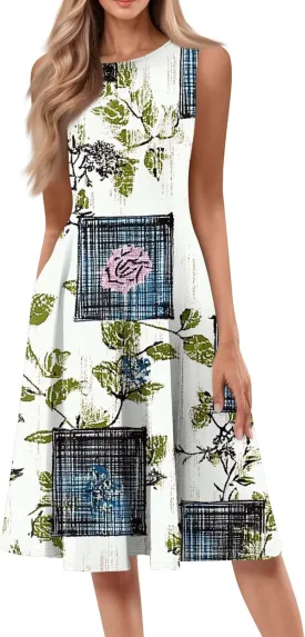 Beach Vacation Clothes for Women Summer Spring Dresses 2025 Sleeveless Midi Dress Crewneck Printed Sundress