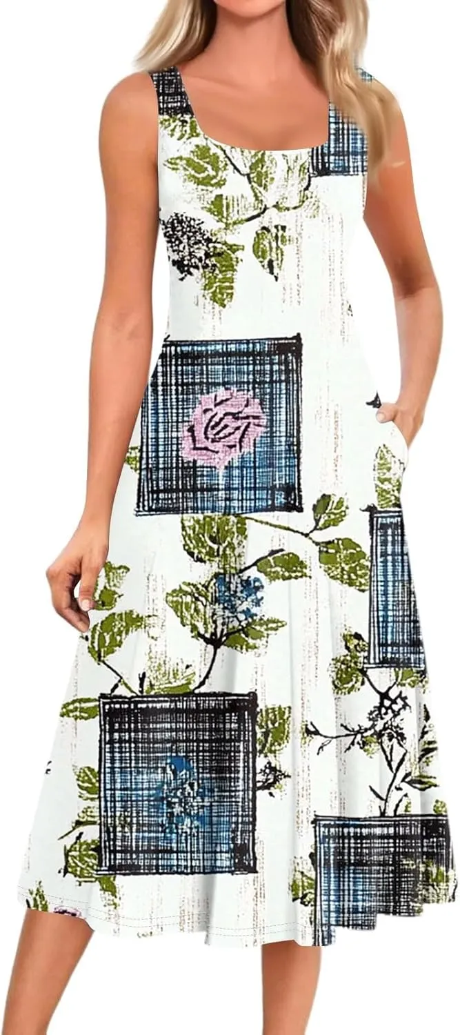 Beach Vacation Clothes for Women Summer Spring Dresses 2025 Sleeveless Midi Dress Crewneck Printed Sundress
