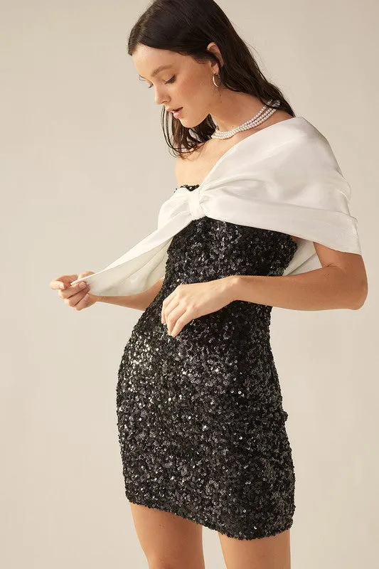 Black/White Asymmetric Sequin Off Shoulder Silk Ribbon Dress