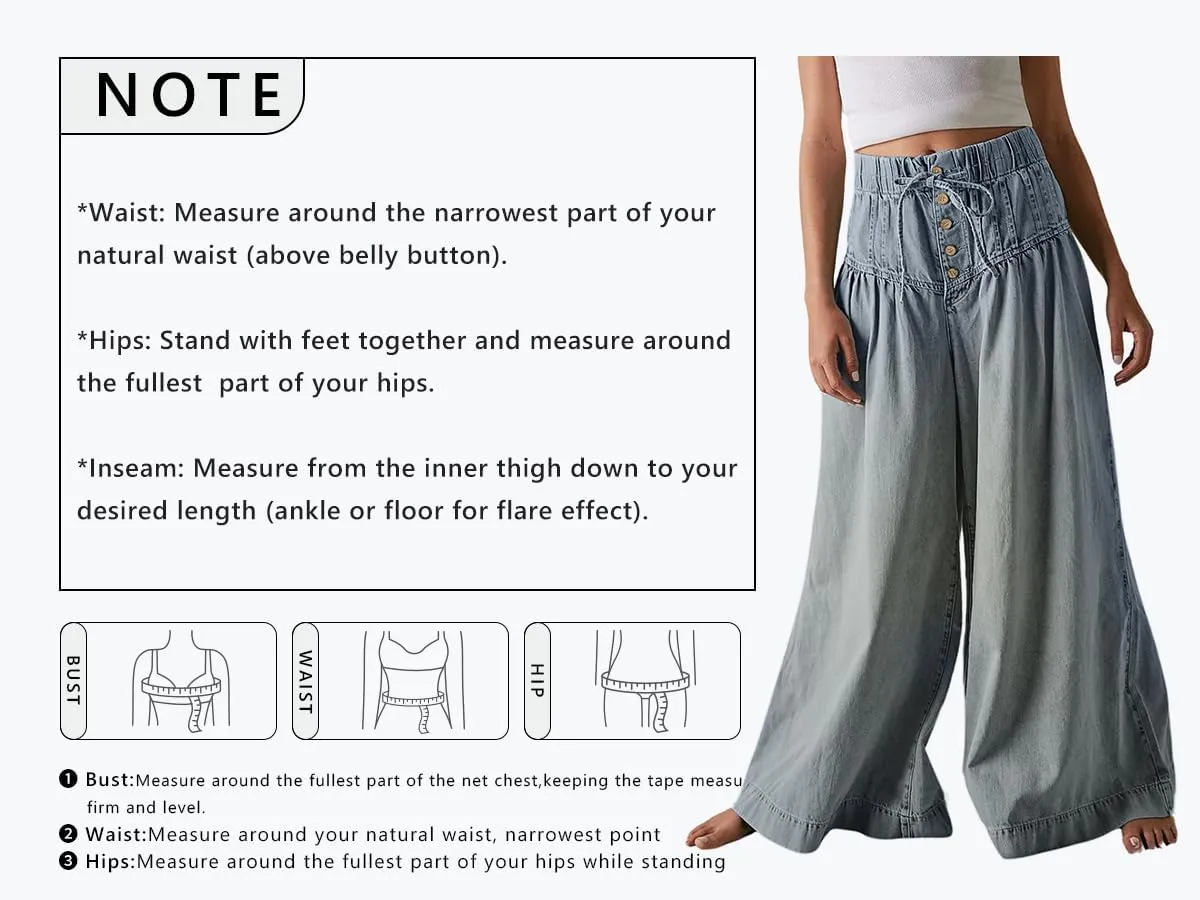 CHARTOU Women's Baggy Wide Leg Denim Pants Drawstring Midi Waisted Flare Jeans Ruffle Pleated Button Jeans