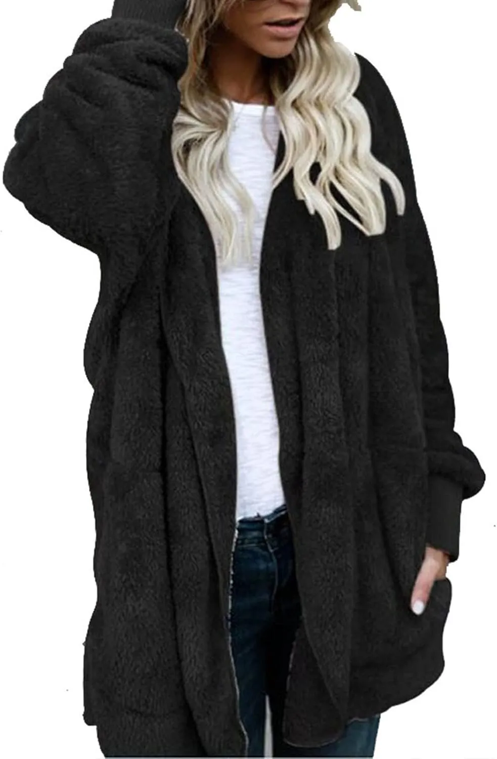 Fleece Jackets for Women Fuzzy Open Front Oversized Cardigan Hooded Sherpa Jacket Fluffy Winter Coats with Pockets