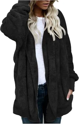 Fleece Jackets for Women Fuzzy Open Front Oversized Cardigan Hooded Sherpa Jacket Fluffy Winter Coats with Pockets