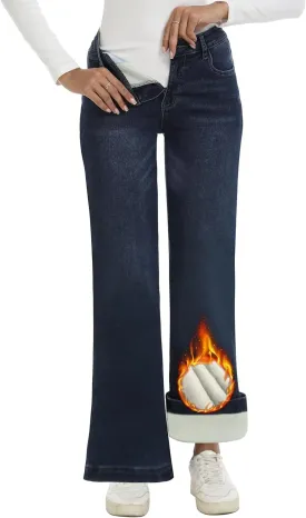 Fleece Lined Jeans Women High Waisted Stretchy Winter Jeans Warm Thermal Pants Thick Bell Bottom Wide Leg Jeans Woman