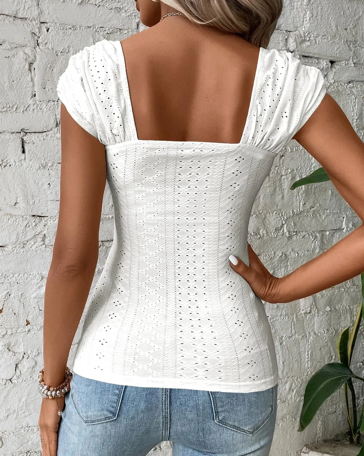 FSHAOES Womens Square Neck Tank Tops Cute Eyelet Cap Sleeve Tee Going Out Slim Fit Backless Shirts
