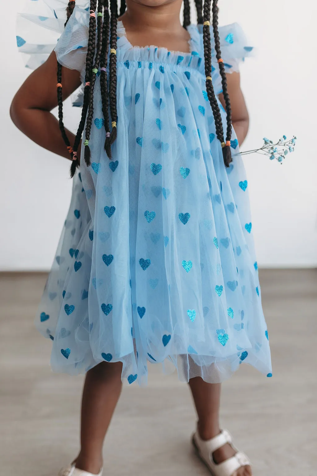 Girl's Blue Tulle Dress with Sparkly Hearts and Butterfly Applique