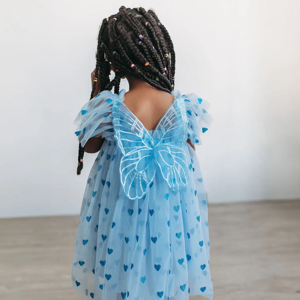 Girl's Blue Tulle Dress with Sparkly Hearts and Butterfly Applique
