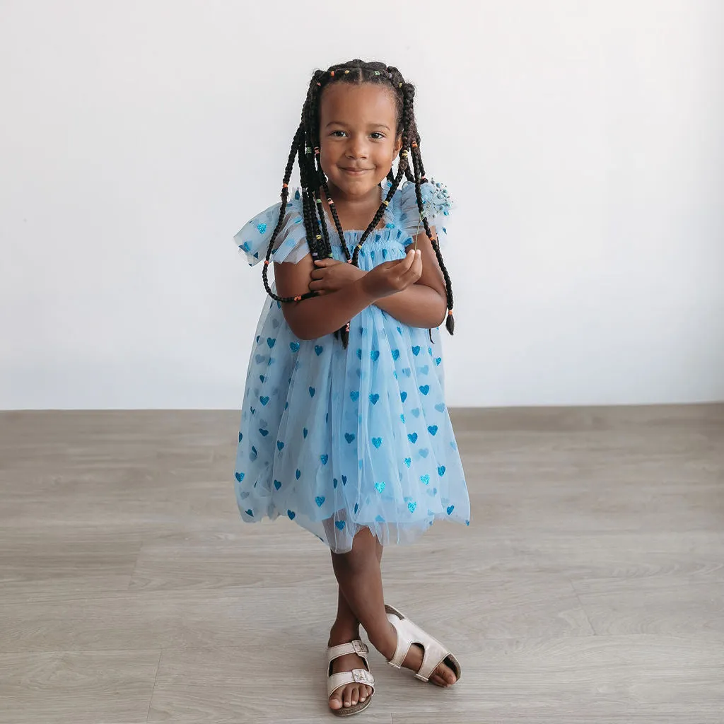 Girl's Blue Tulle Dress with Sparkly Hearts and Butterfly Applique