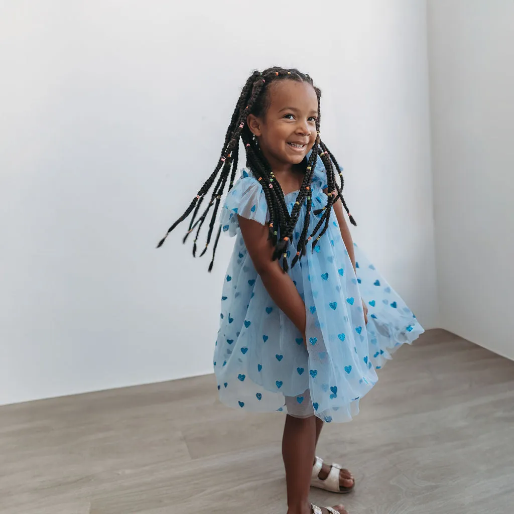 Girl's Blue Tulle Dress with Sparkly Hearts and Butterfly Applique