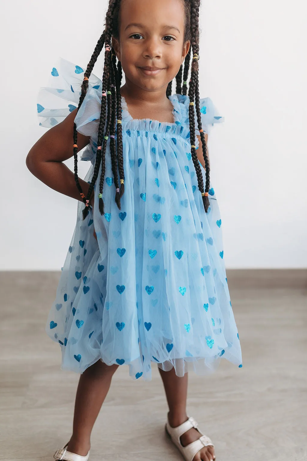 Girl's Blue Tulle Dress with Sparkly Hearts and Butterfly Applique