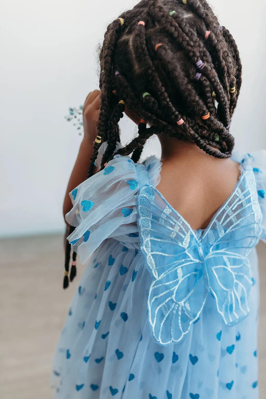 Girl's Blue Tulle Dress with Sparkly Hearts and Butterfly Applique