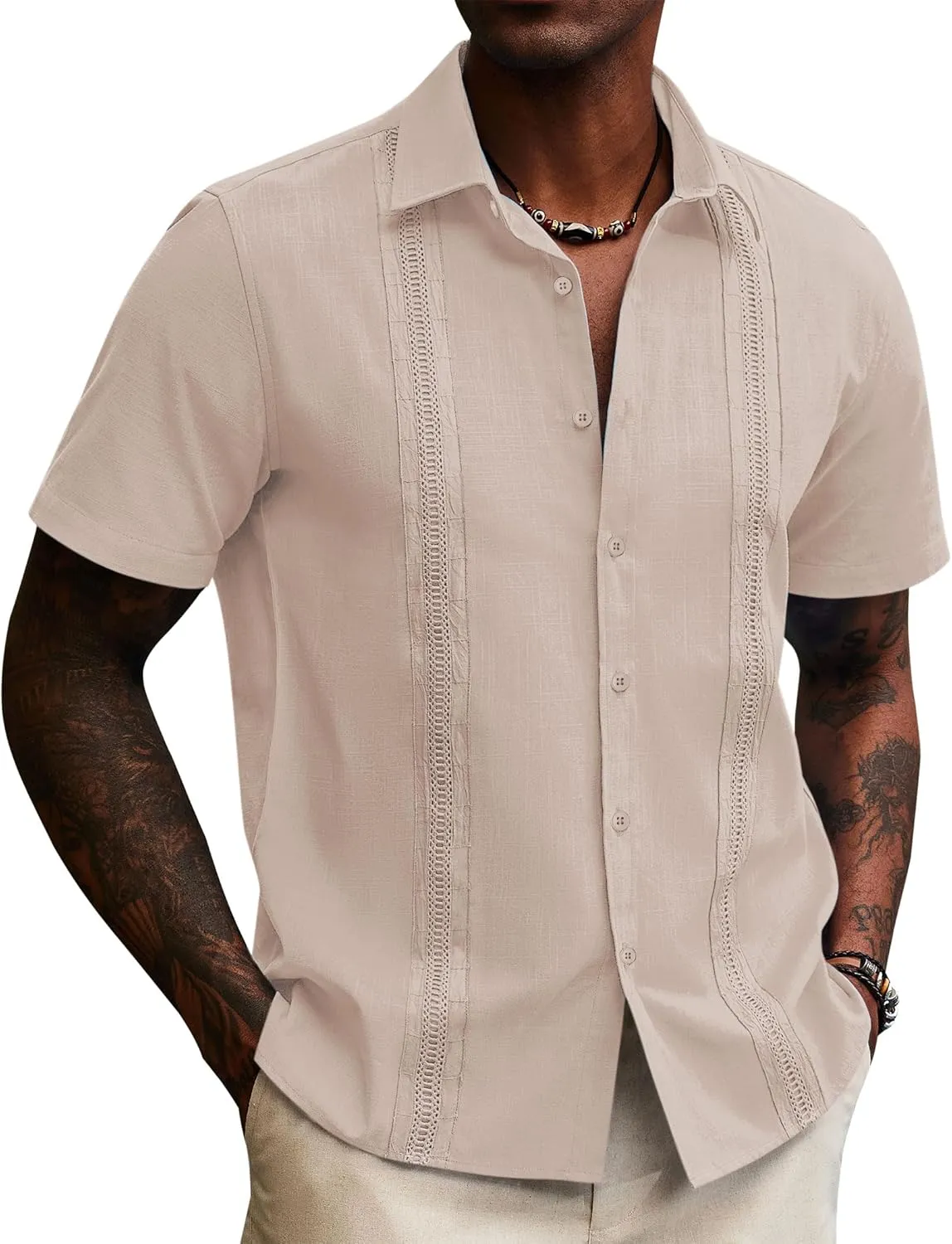 Guayabera Linen Shirts for Men Short Sleeve Button Down Shirt Hawaiian Shirt Cuban Summer Shirts Beach Shirts