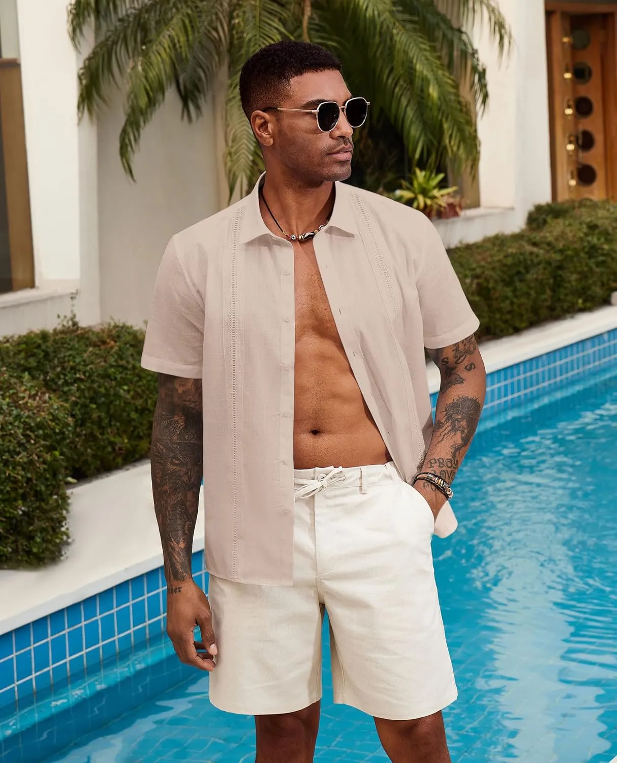 Guayabera Linen Shirts for Men Short Sleeve Button Down Shirt Hawaiian Shirt Cuban Summer Shirts Beach Shirts
