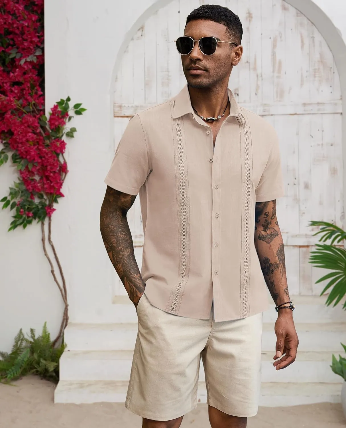 Guayabera Linen Shirts for Men Short Sleeve Button Down Shirt Hawaiian Shirt Cuban Summer Shirts Beach Shirts