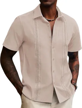 Guayabera Linen Shirts for Men Short Sleeve Button Down Shirt Hawaiian Shirt Cuban Summer Shirts Beach Shirts