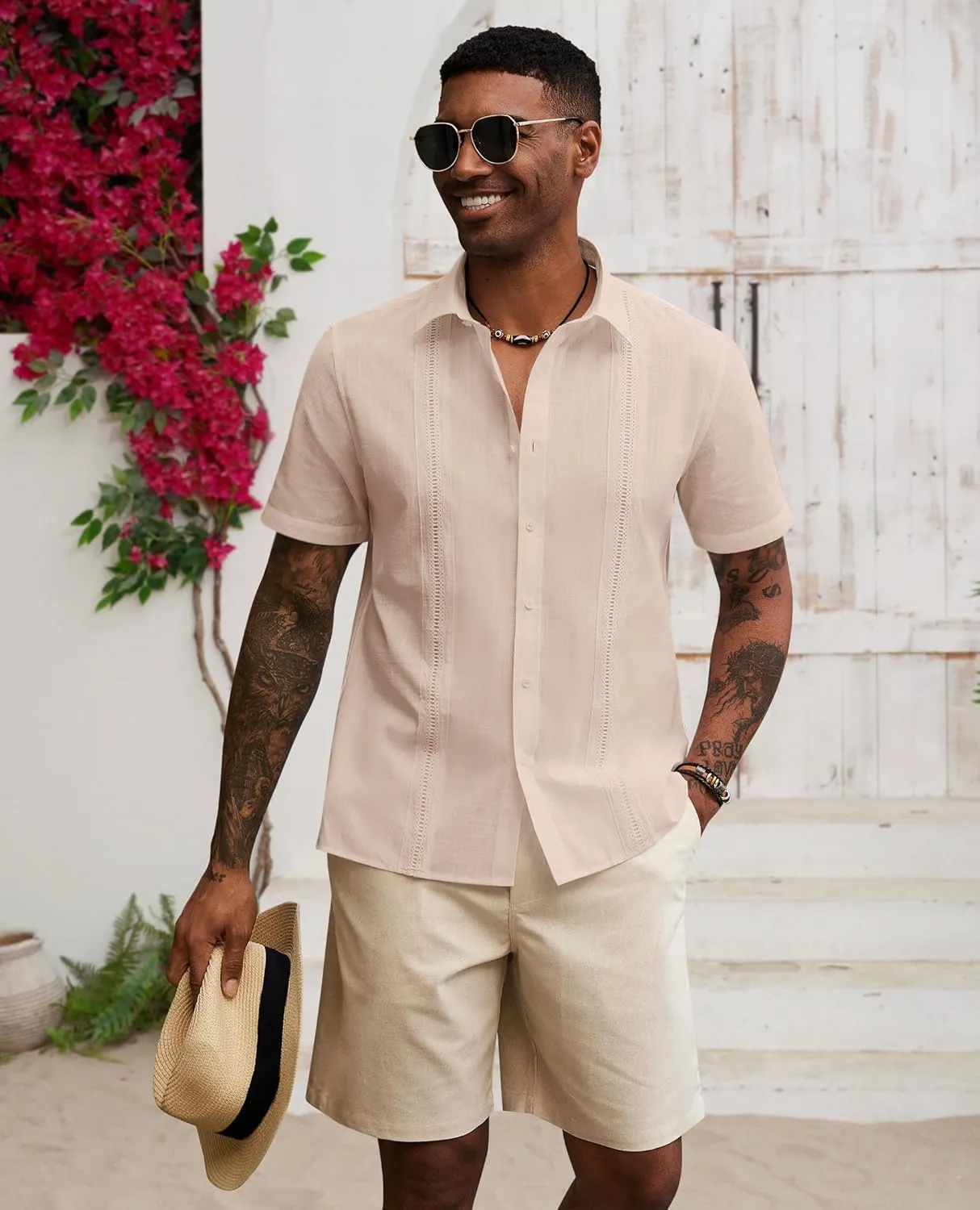 Guayabera Linen Shirts for Men Short Sleeve Button Down Shirt Hawaiian Shirt Cuban Summer Shirts Beach Shirts