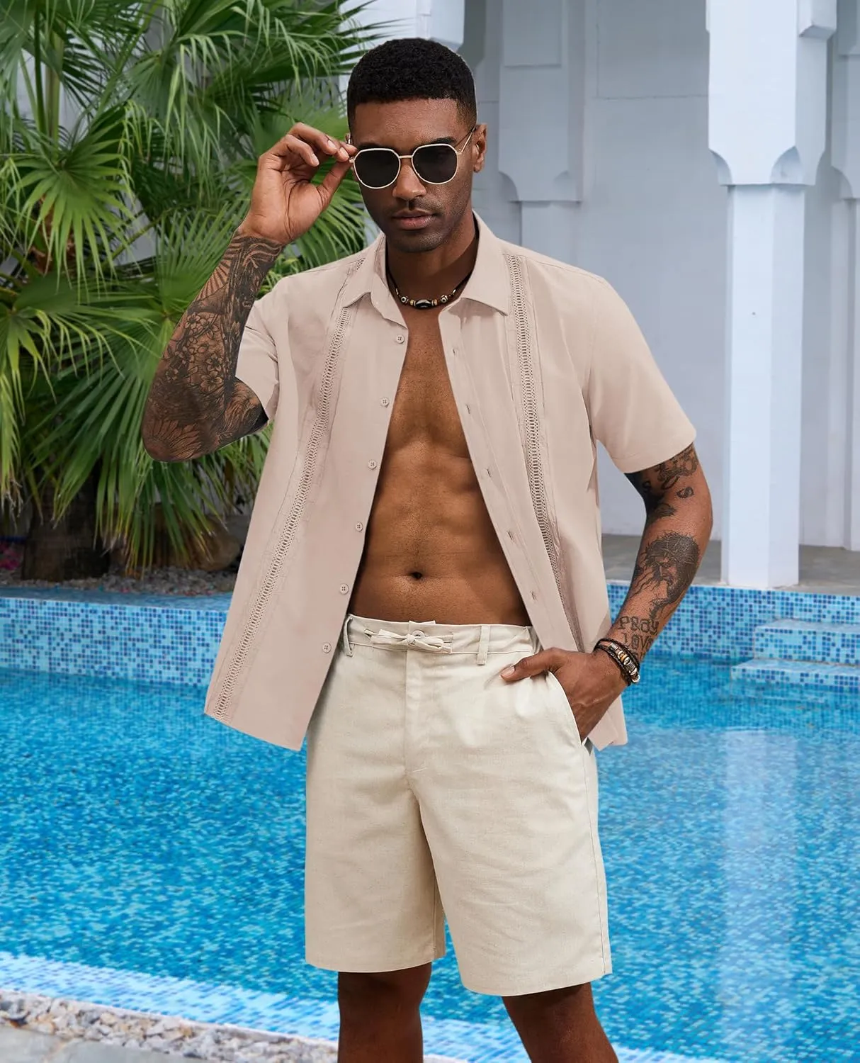 Guayabera Linen Shirts for Men Short Sleeve Button Down Shirt Hawaiian Shirt Cuban Summer Shirts Beach Shirts