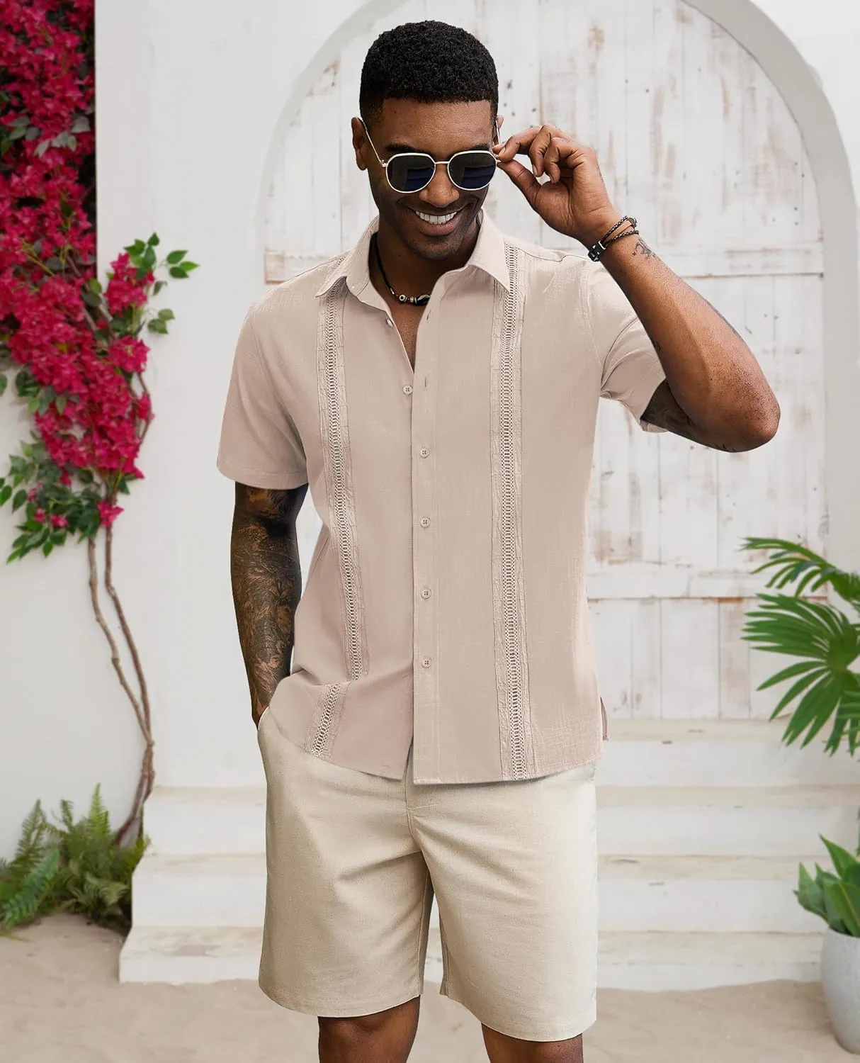 Guayabera Linen Shirts for Men Short Sleeve Button Down Shirt Hawaiian Shirt Cuban Summer Shirts Beach Shirts
