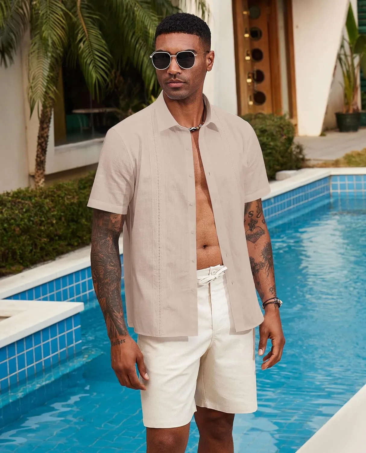 Guayabera Linen Shirts for Men Short Sleeve Button Down Shirt Hawaiian Shirt Cuban Summer Shirts Beach Shirts