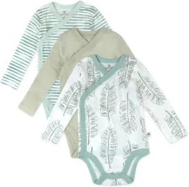 HonestBaby 3-Pack Organic Cotton Long Sleeve Side-Snap Kimono Onesies Bodysuits, Jumbo Leaf Sage, 6-9 Months