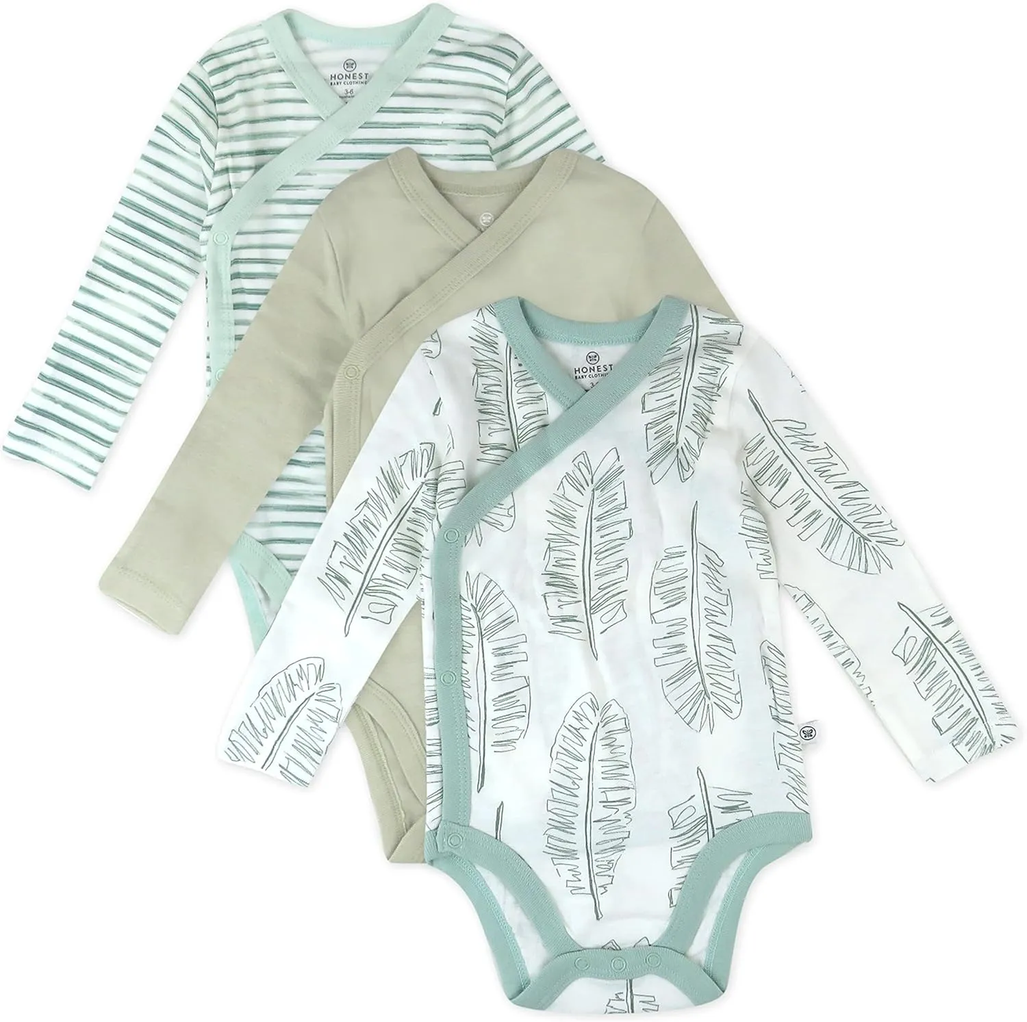 HonestBaby 3-Pack Organic Cotton Long Sleeve Side-Snap Kimono Onesies Bodysuits, Jumbo Leaf Sage, 6-9 Months