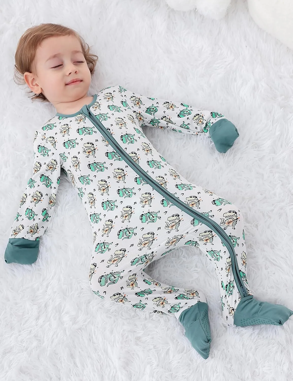 JunNeng 2Pcs Baby Rayon from Bamboo Sleeper with Mitten Cuffs, Footless Zipper Cozy Pjs, Non-Slip Soles Romper