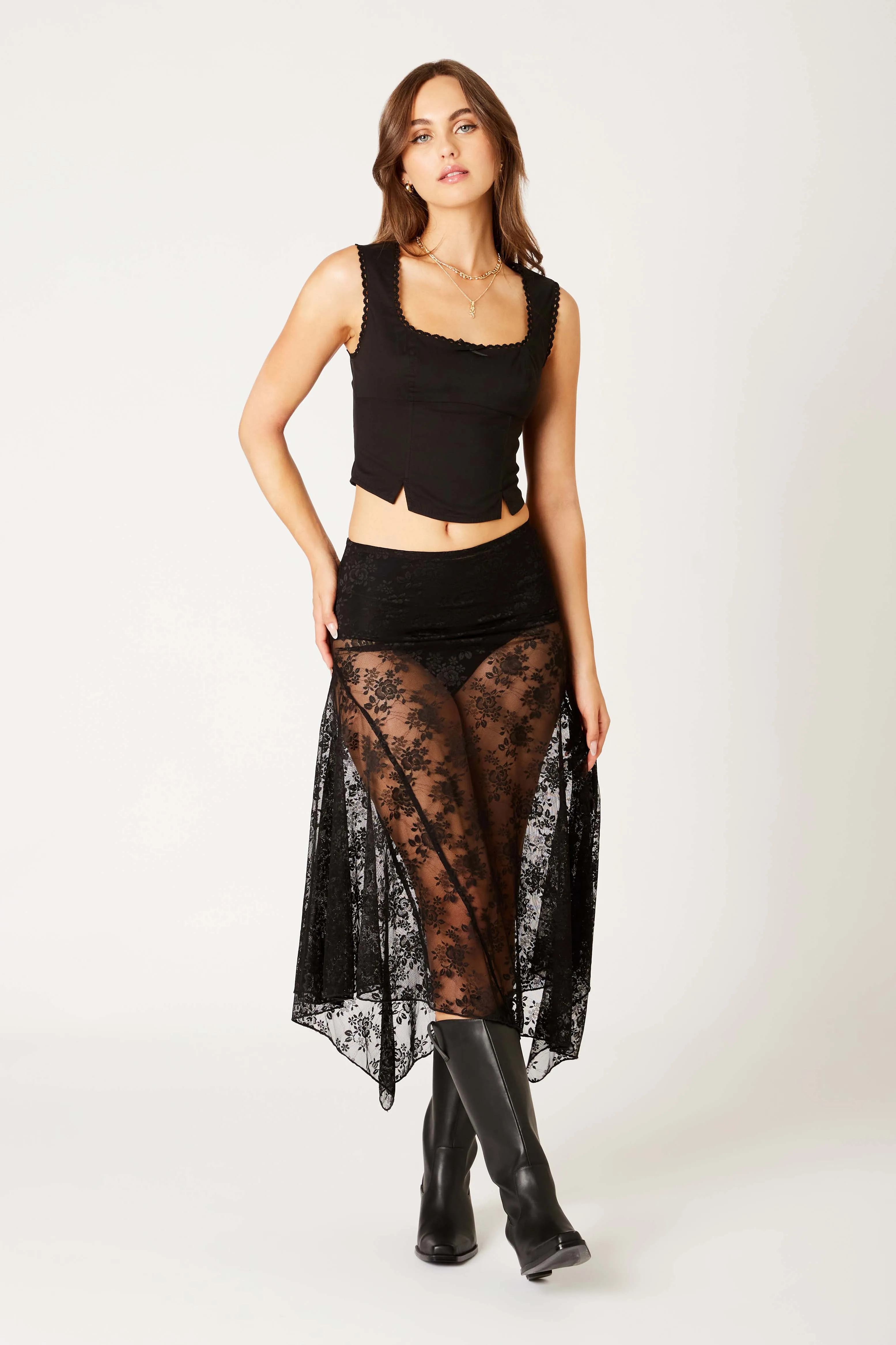 Lace Asymmetrical Midi Skirt