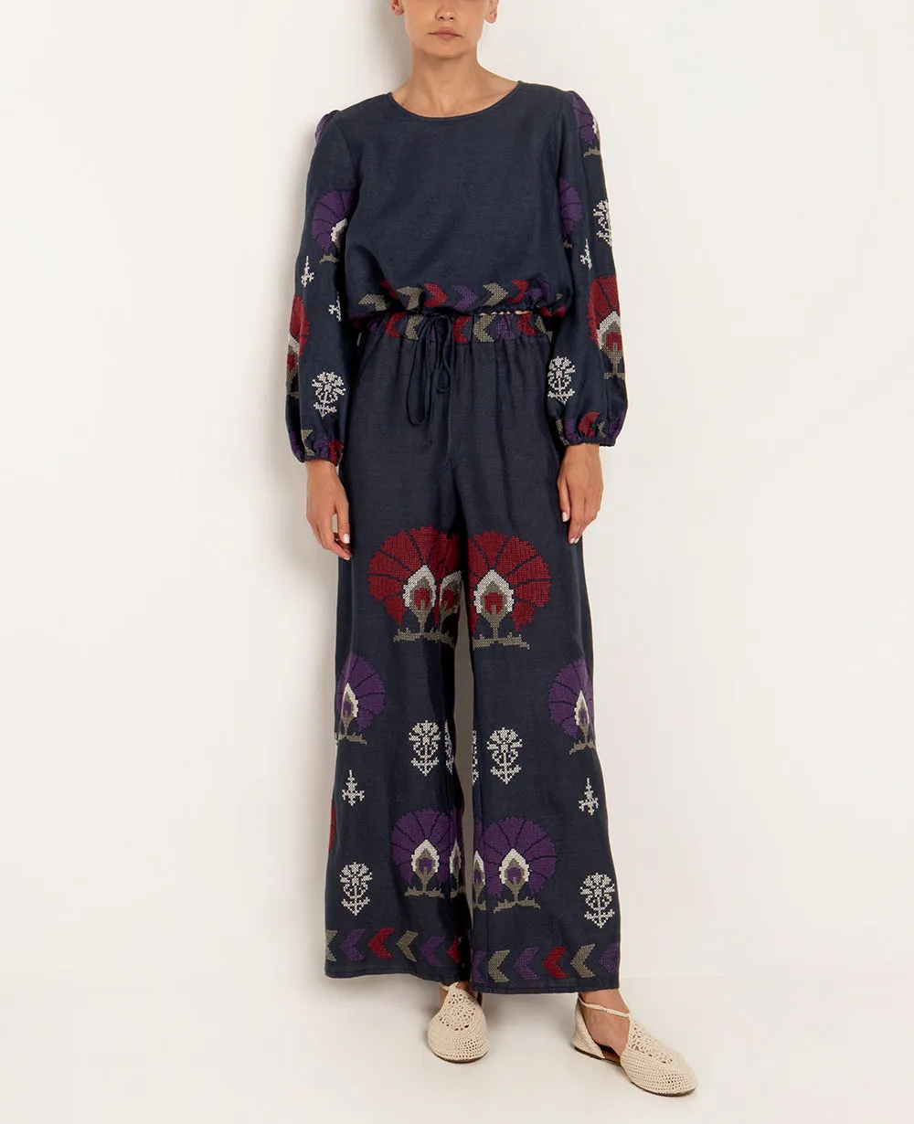 LINEN PANTS "MINI PEACOCKS" - NAVY/PURPLE