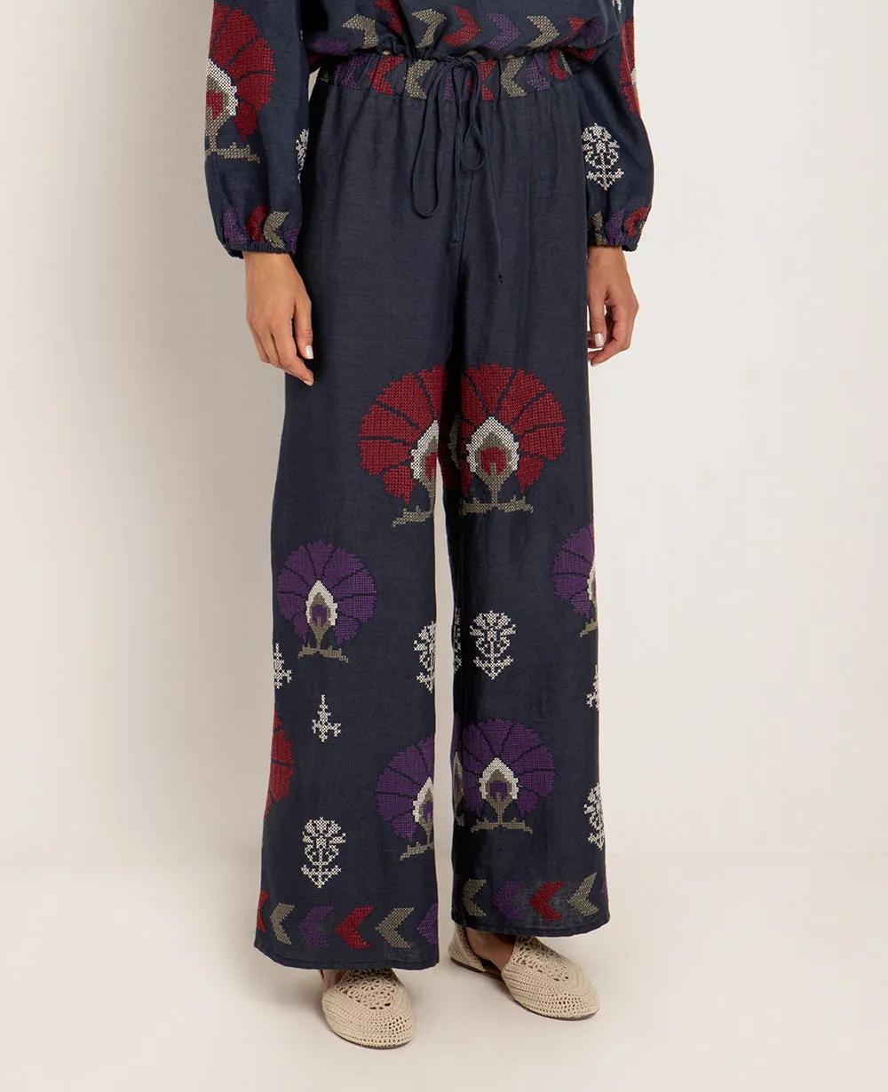 LINEN PANTS "MINI PEACOCKS" - NAVY/PURPLE