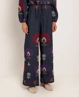 LINEN PANTS "MINI PEACOCKS" - NAVY/PURPLE
