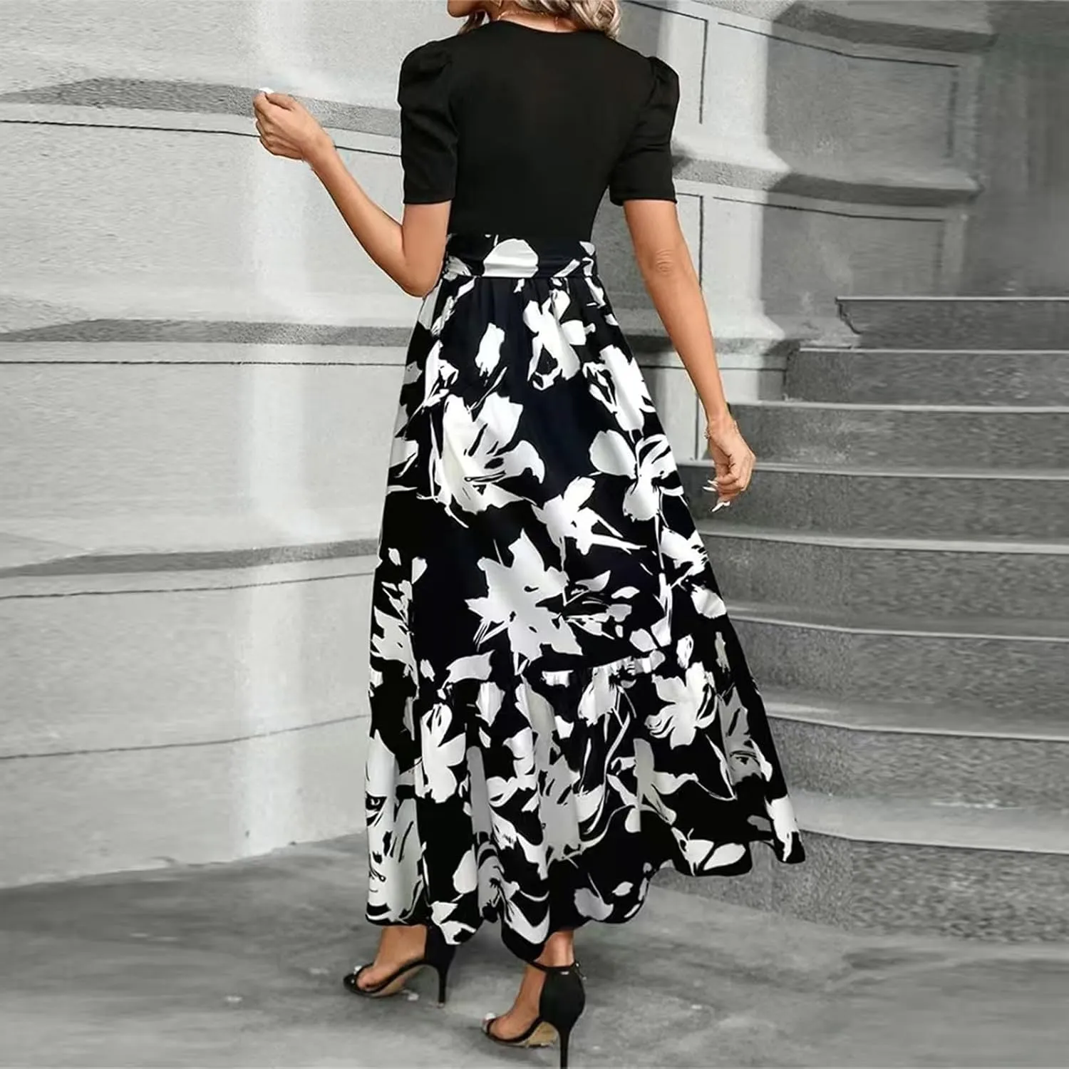 Long Floral Dresses for Women 2025 Elegant Boho Tie Belted Patchwork Empire Waist Short Sleeve Modest Flowy Maxi Dress