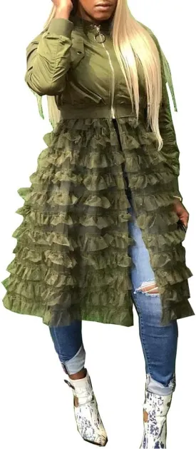 LROSEY Women Long Slevee Zipper Lightweight Ruffles Mesh Panel Dress Bomber Long Coat Windbreaker Jackets XXX-Large