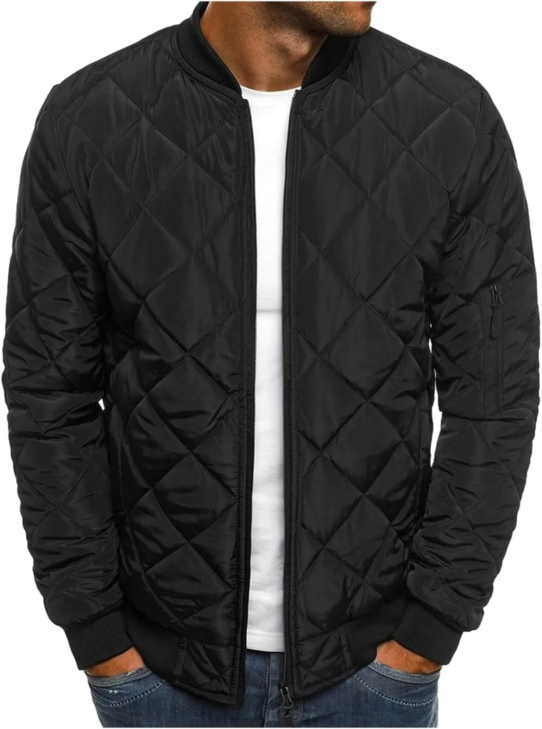 Mens Bomber Jackets Lightweight Jacket Coat Loose Fit Outwear Casual Sportswear Diamond Quilted Jackets
